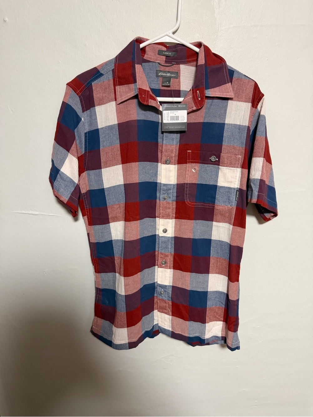 Eddie Bauer Red, Blue & White Plaid Short-Sleeve Button-Down Shirt
